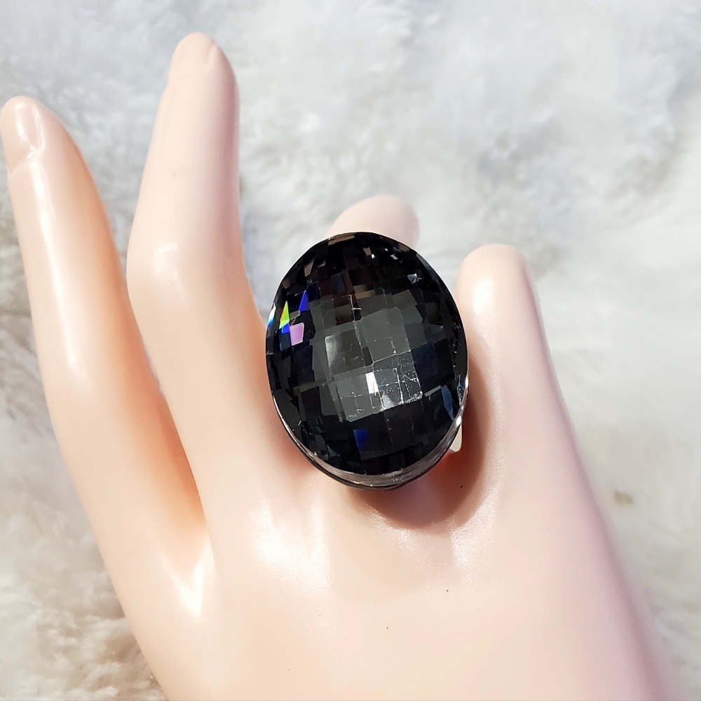 Gunmetal Faceted Crystal Statement Stretch Ring